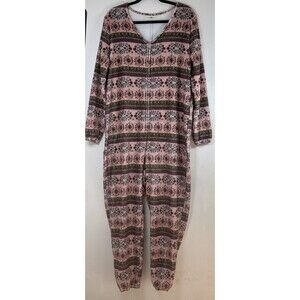 Natural Life Women's Fair Isle Fleece Zip One Piece Jumpsuit Pajamas Cozy Boho M